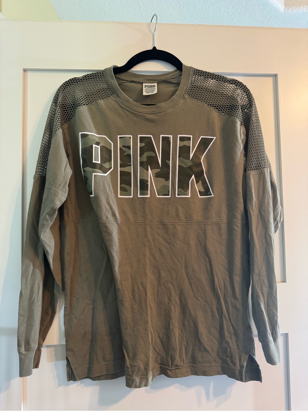 PINK Victoria's Secret Olive Green Long Sleeve Tee with Camo Logo